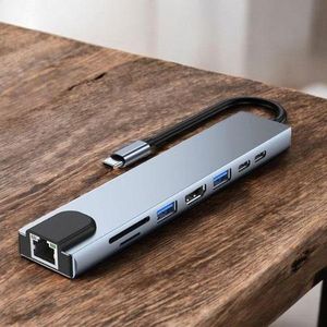 8-in-1 USB-C Hub Dock Adapter with RJ45, HDMI, USB & PD Ports, 1080P Full HD, Fast Transfer, Lightweight, High-Quality Body Construction