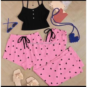 3 Piece Women’s Pajama Set – Soft Cotton Sleepwear Black Crop Top + Pink Heart Print Shorts & Pants Comfortable Loungewear Night Set