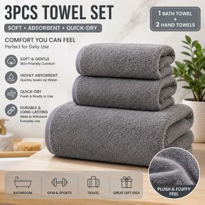 3Pcs Soft Absorbent Quick-Dry Towel Set, 1 Bath Towel & 2 Hand Towels, Gray Bathroom Towels for Adults & Daily Use