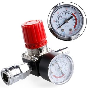 Durable pressure regulating valve with pressure gauge and precision adjustment knob, suitable for professional paint g-un-s and pneumatic tools.