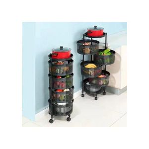 4 Tier Round Rotating Plastic Kitchen Storage Rack with Wheels 