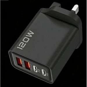 Black UK Plug 120W Fast Charger - 2 USB Ports + 2 Universal Android Ports