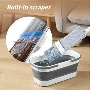 Self Wringing Hand Wash Free Flat Mop With Foldable Bucket