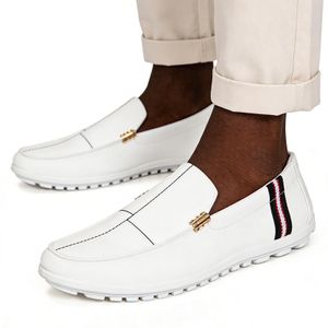 SHJO Loafers Shoes Men Comfortable Daily Commute Office Faux Leather Non-slip Soft Sole Metallic Accent Casual Footwear Slip On White