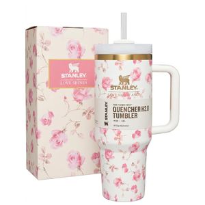 Stanley  cup Floral White Quencher Tumbler – Insulated Travel Mug with Handle & Straw , Elegant Flower Design ,Keeps Drinks Cold 24H+