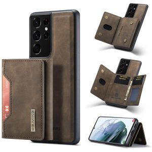 Samsung S21 Ultra Brown DG.MING Premium Leather Trifold Wallet + Magnetic Detachable Case, Protective Phone Cover