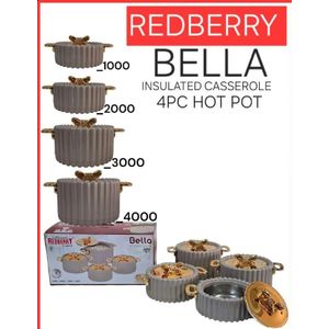 Redberry 4pcs Bella Plastic Designer Insulated Hotpots Serving Dish Casserole Set Hot Pot Serveware Set Serve or Keep Food Hot or Cold Size 1000, 2000, 3000 and 4000ml