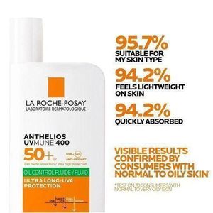 La Roche-Posay Anthelios UVMune 400 Oil Control Fluid SPF50+ – 50ml Sunscreen For Oily & Acne-Prone Skin – Matte Finish, Non-Comedogenic, Broad Spectrum UVA/UVB Protection – Lightweight Face Sunblock