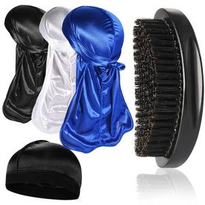 3pcs Silky Durag with Wave Brush for Men 360, Curved Medium/Hard Hair Brush Kits
