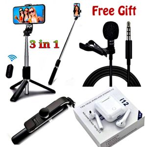 Tripod Stand 3 in 1 Selfie Stick // Lapel Microphone // i12 Earbuds 