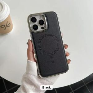 Electroplated Magnetic MagSafe Compatible PU Vegan Leather Cover Case for iPhone 15 Pro Max