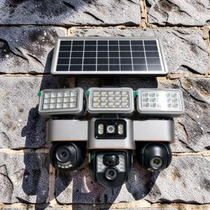 V380 Pro Smart Home Security Auto Tracking 12MP 4G PTZ Multiple Lens screens Solar Camera with Solar Flood Light