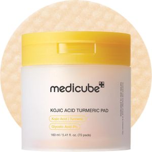 Medicube Kojic Acid Turmeric Pad with Glycolic acid(70  Pads). Glows, Brightens, Removes stubborn dark spots, Built-up dead skin cells, Impurities, Soothes, Even the skin tone, Smooths & Refines Pores