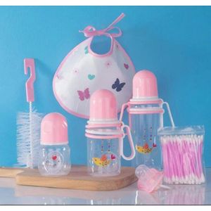 Baby feeding essentials set -bottles,bib, pacifier, cleaning brush and cotton buds 