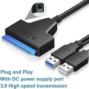 USB 3.0 to SATA III Adapter Cable – 2.5" & 3.5" SSD/HDD Compatible with Dual USB and 12V/2A DC Port