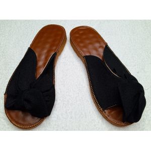 Ladies Black Bow Slide Sandals – Fabric Upper – Natural Rubber Sole