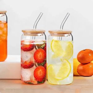 2 pieces Ice Juice Drinks Glass Can Mug with Straw and Wooden Lid for Milk/Coffee/Green Tea - 500ml Transparent Can Shape Cup