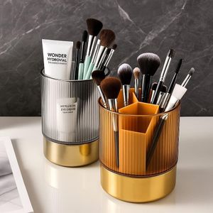 Makeup Brush Organizer Cosmetic Holder with Removable Divider PP ABS Storage Box for Vanity Desk Luxury Bathroom Makeup Organizer with Lid and Perfume Display Rack