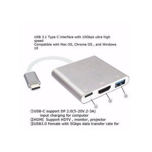 USB Type C To HDMI 4K + USB 3.0 Type C Hub Adapter USB-C Splitter For Book Air Pro 3 In 1 Silver