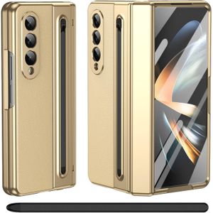 Luxury Foldino Leather Case For Samsung Galaxy Fold 4 With S Pen Slot, Hinge, Camera And Front Screen Safety - Gold Business Class Premium PU Cover
