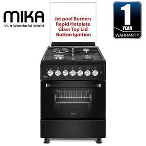 Mika FREE STANDING 58cm X 58cm, 3 Gas Jet Pool Burners + 1 Electric Hotplate, Electric Oven,+1YR WARRANTY
