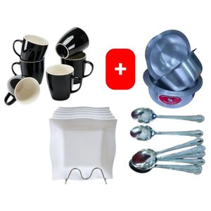 Beautiful Classic Black Ceramic Coffee/Tea Mug / Cups 6pc Set + FREE 4PCS Stainless Aluminum Sufuria Set, 12pc Table Spoons & 6pc Melamine Dinner Plates