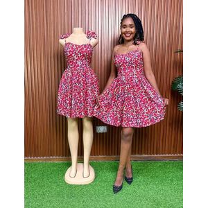 Women’s Floral Tie-Strap Mini Dress – Red Fit & Flare Skater Dress with Smocked Back