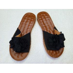 Ladies Black Floral Slide Sandals – Fabric Upper – Natural Rubber Sole