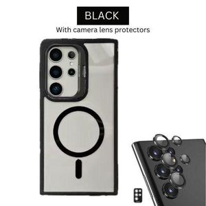 Samsung Galaxy S23 Ultra Black Magnetic, MagSafe Compatible Stand Bracket, Transparent Case With Camera Metal Ring Lens Protector Cover Case - Protective Phone Cover