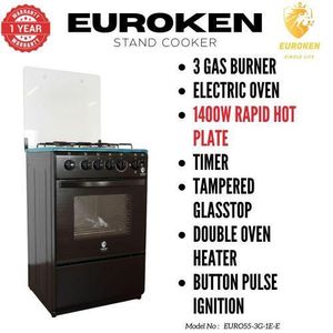 Euroken EURO55-3+1-E THREE BURNER + 1 HOT PLATE 50X55 Black Standing Cooker With Electric Oven