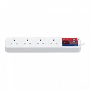 4-Way Extension with 2 USB Ports – 13A Surge Protected Power Strip, 3m Cable, Fireproof PC Material – Ideal for Home & Office