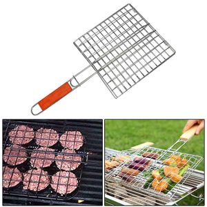 Portable Barbecue BBQ Grill Net Basket Roast Grilling Tray Chromium Plated with Wooden Handle