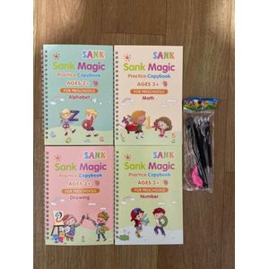 Sank Magic Practice Copybook, (4 Book ) Number Tracing Book for Preschoolers with Pen, Magic Calligraphy Copybook Set Practical Reusable Writing Tool Simple Hand Lettering
