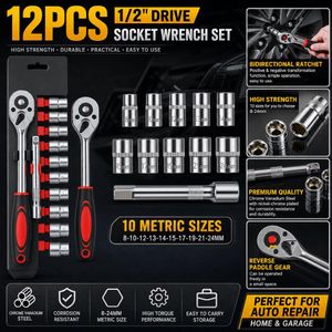 1/2 Inch Drive Socket Set with Ratchet Handle 12PCS, Heavy Duty Mechanic Tools for Auto Repair