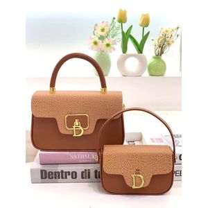 Luxury designer brown Tweed Handbag for Women, Signature D Top-Handle Bag with Gold Hardware