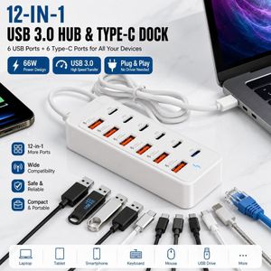 12-in-1 USB 3.0 Hub and Type-C Docking Station 66W Multiport Adapter with 6 USB Ports and 6 Type-C Ports for Laptop Phone and Tablet