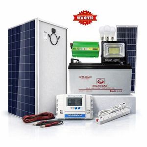 Solarmax 300Watts solar panel all weather +200ah solar battery + 600Watts solar power inverter +30Ah solar charge controller +3 Dc bulb +Extension +5m red ,5 m black cable+free 50watts solar flood light