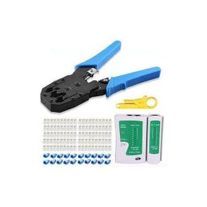 RJ45 Crimping Tool + 100 RJ45 Cat6 Connectors, 100 RJ45 Cat5 Cat6 Connector Covers, Cable Tester, Network Wire Stripper-blue