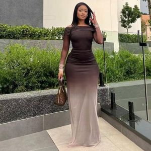 Off-Shoulder Ombre Mesh Maxi Dress