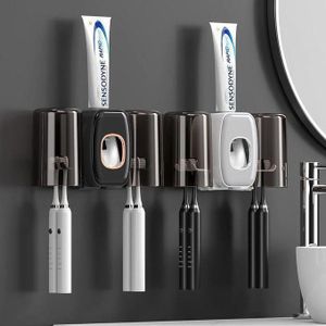 1PC Automatic Toothpaste Dispenser & Toothbrush Holder - Black, Holds 4 Brushes, Includes 2 Cups
