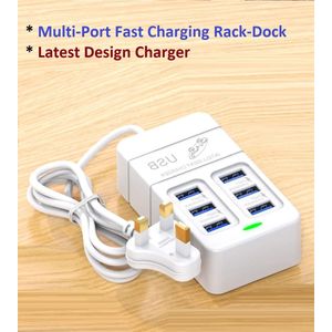 Multi-Port Fast Charging Power Strip Rack-Dock Charger – Latest New Design 6× USB (UK Plug) 10W Output - White