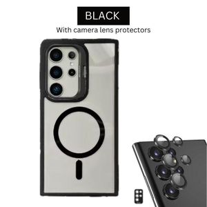 Samsung Galaxy S25 Ultra Phone Case, Black Magnetic Magsafe Compatible Stand Bracket Transparent Case with Camera Metal Ring Lens Protector