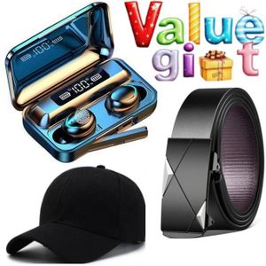 High Quality Black Leather Belt + GIFT Mens Watch & Bluetooth Earbuds
