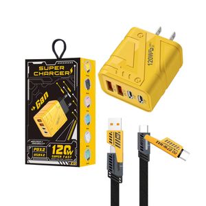Gan 120W Super Fast Charger UK Plug + USB-C Cable – PD & QC3.0 Multi-Port Fast Charging Adapter - Yellow 