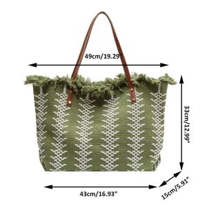 Woven Canvas Fringed Tote Bag with PU Leather Handles, 