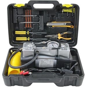 Heavy Duty 12V Dual Cylinder Tire Air Compressor Tire Inflator Kit ,150 PSI Portable Pump with Analog Gauge, Tire Plug Repair Full sett Tools, Carry Case for Car,SUV, RV & Emergency Use