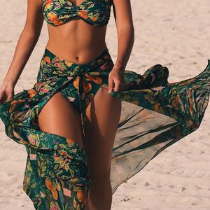 Women's Swimsuit Cover Up Summer Beach Wrap Skirt Swimwear Bikini Cover-ups  (green Leaf Flower)