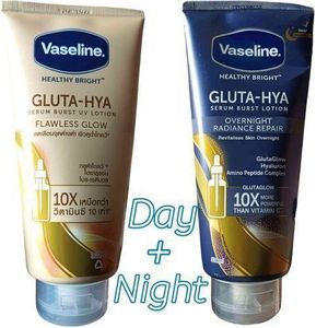 Vaseline GLUTA-HYA Serum Burst UV Lotion FLAWLESS GLOW 10X + GLUTA-HYA Serum Burst Lotion Overnight Radiance Repair