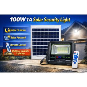 JSOT 100W TA Solar Security Flood Light With Separate Solar Panel, Remote Control, Dusk To Dawn Outdoor Light