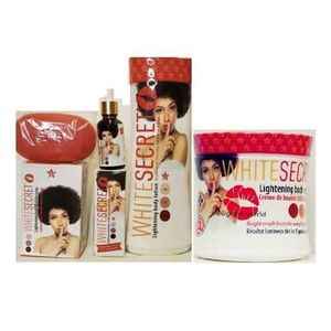 White Secret Lightening skincare range, a set of products including a body lotion, face cream, serum (oil), and soap